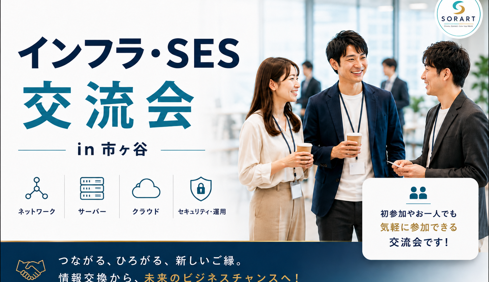 インフラ交流会 in 市ヶ谷の募集画像。ネットワーク・サーバー・クラウドに携わる営業・エンジニア・採用担当者などを対象とした情報交換・交流会。参加者が笑顔で交流している様子。